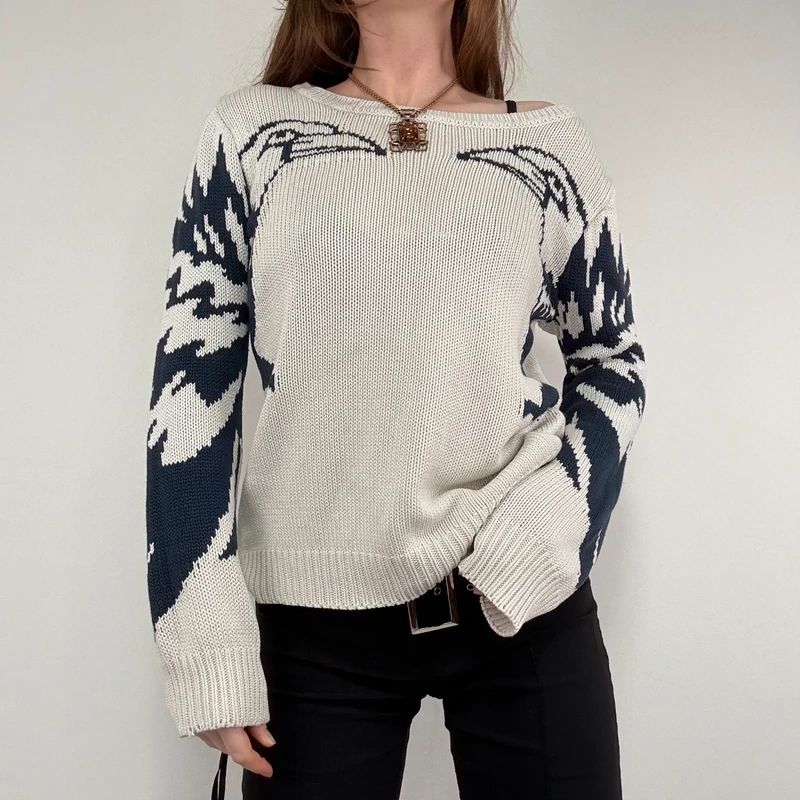 chunky knitted slouchy neck graphic jumper
