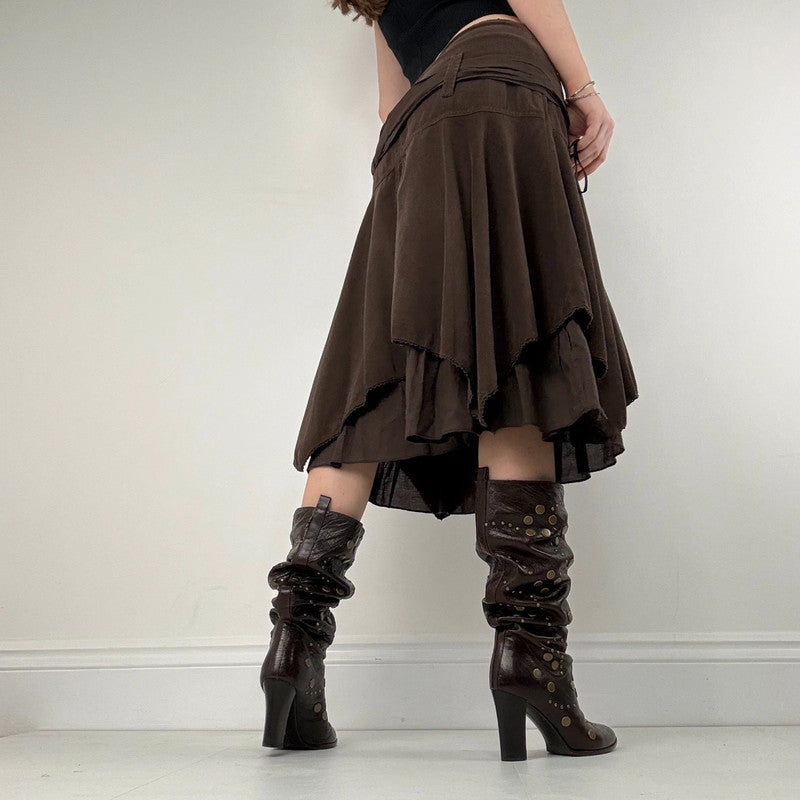 brown layered pleated midi skirt