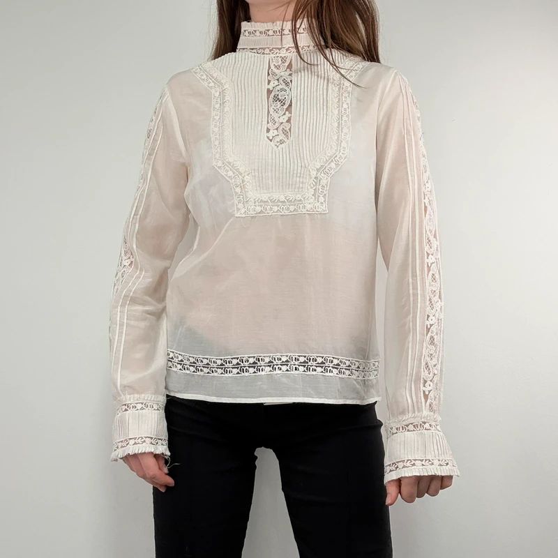 white pleated lace blouse