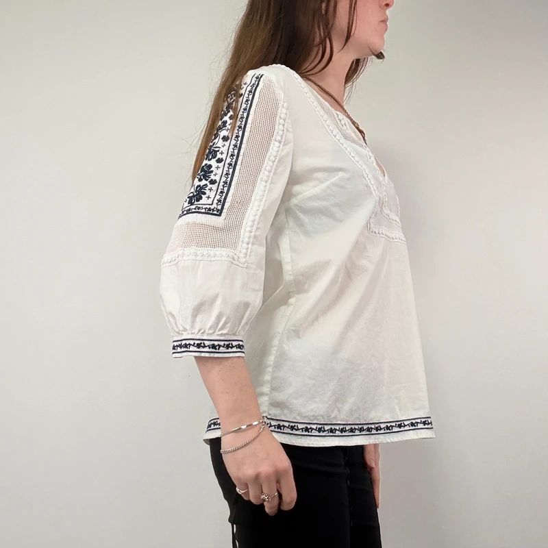 White Crochet Embroidered Cotton Blouse