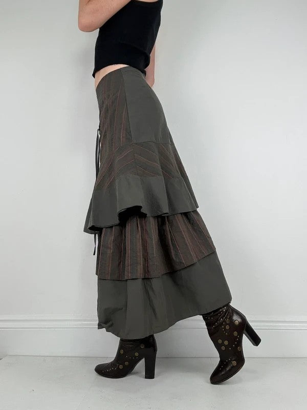 Khaki layered pinstripe maxi skirt