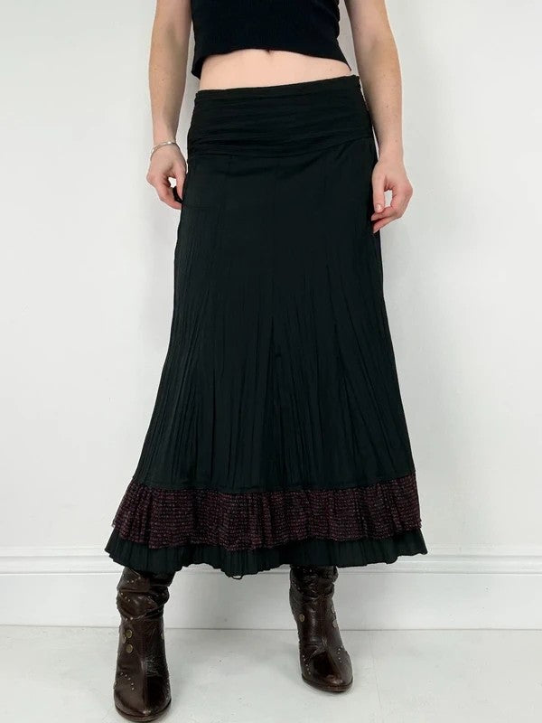 black crinkle flared pleated maxi skirt
