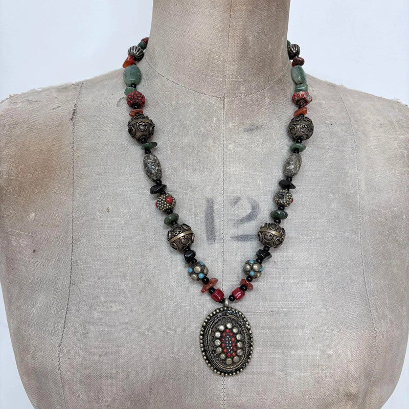 chunky beaded engraved boho necklace