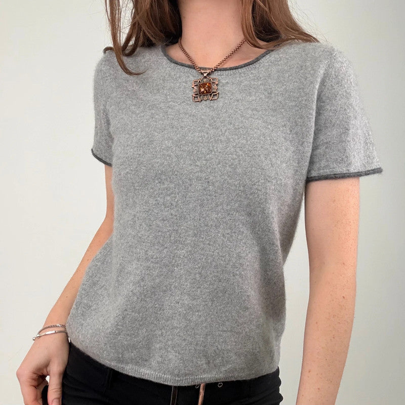 grey soft cashmere knitted short sleeve t-shirt