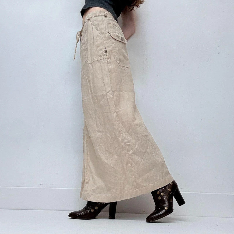 tan linen cargo maxi linen skirt