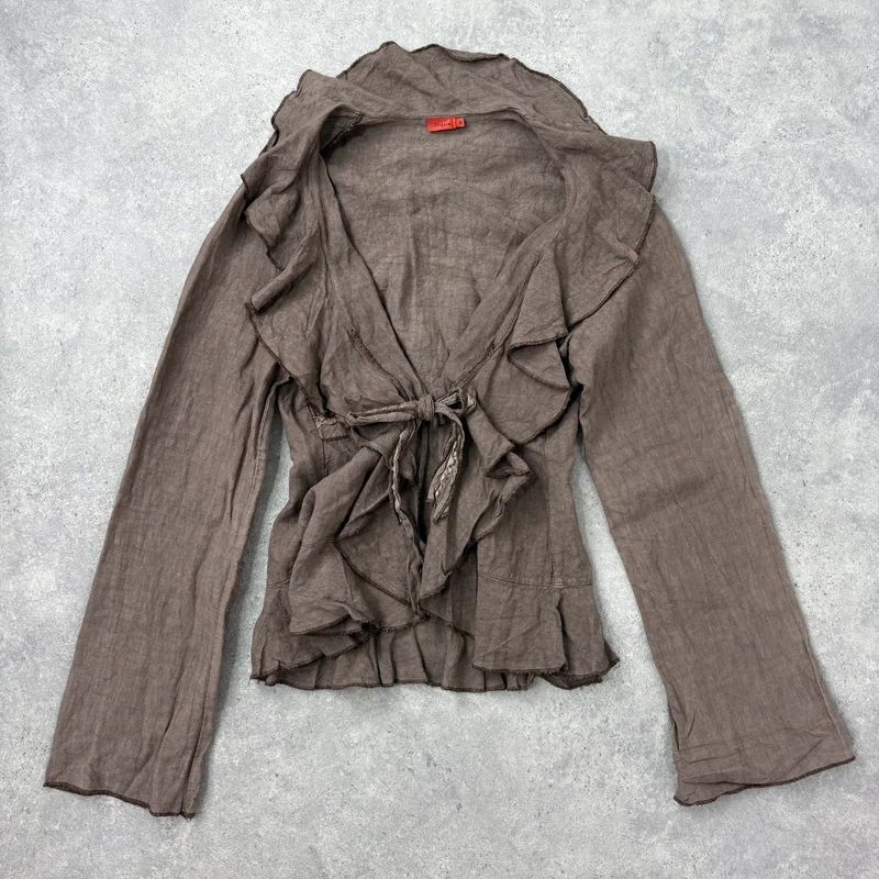 brown linen flared fitted ruffle shirt