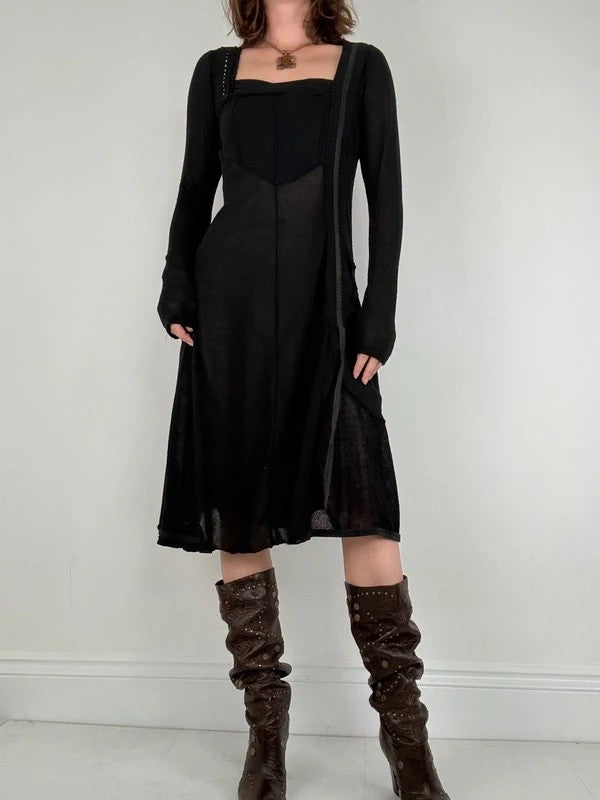 Black long sleeve french midi dress
