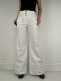 white flared wide leg button front cotton trousers