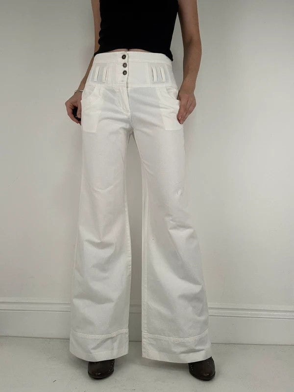 white flared wide leg button front cotton trousers