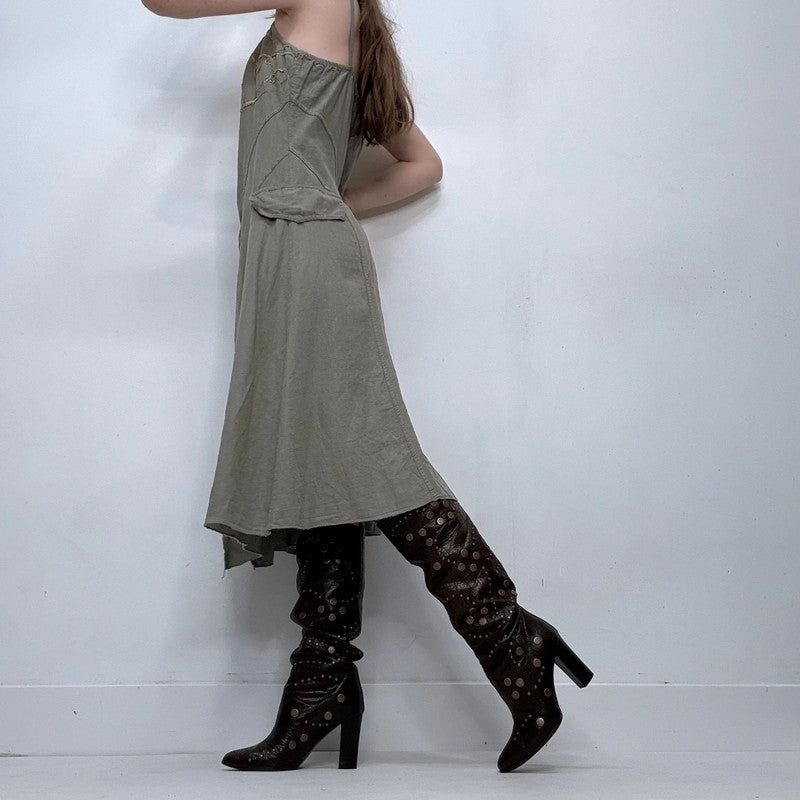 khaki embroidered zip midi dress