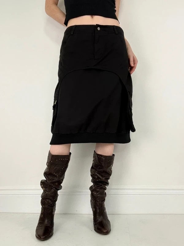 black layered utility midi skirt