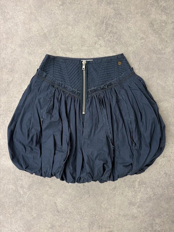 Puff parachute navy pleated midi flare skirt with zipper
