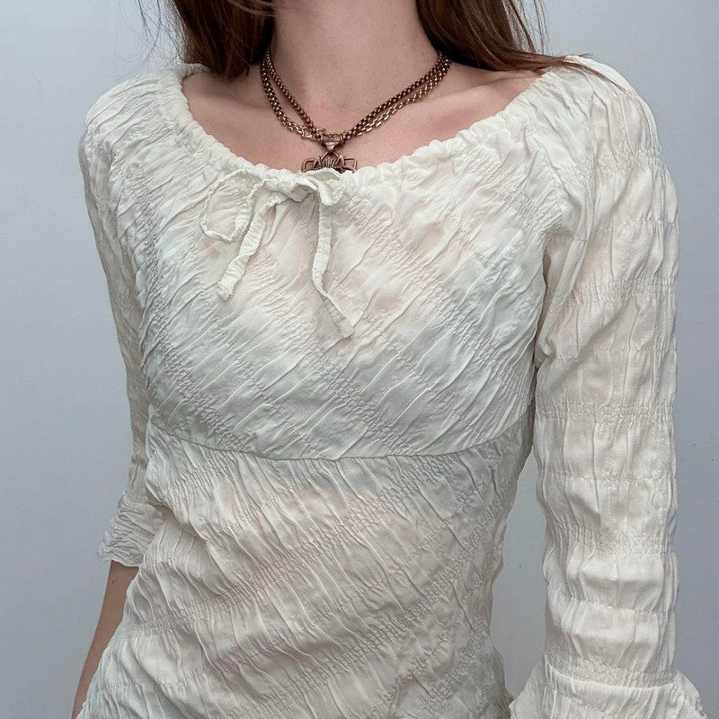 cream flared wide neck crinkle shirt