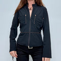 black fitted flared zip shirt