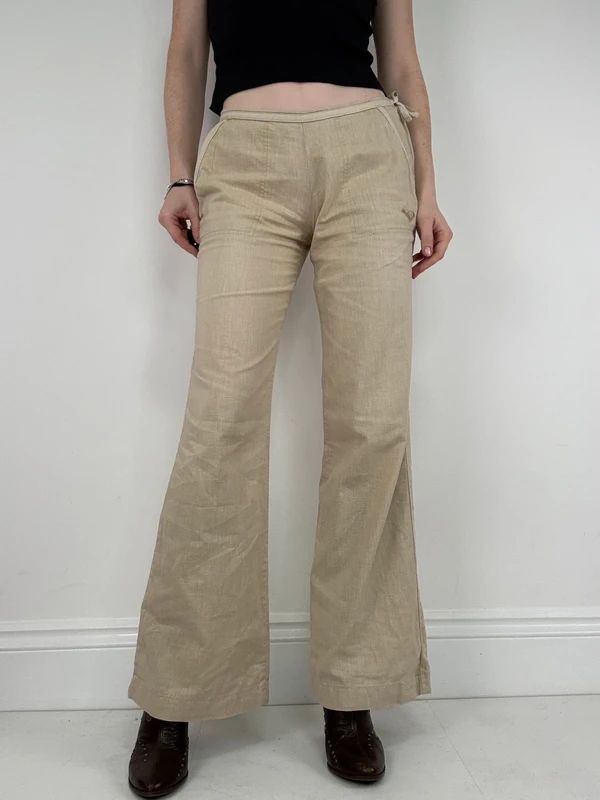 low rise tie waist linen flared trousers