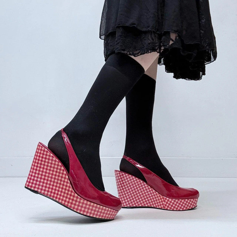 red gingham wedge heels