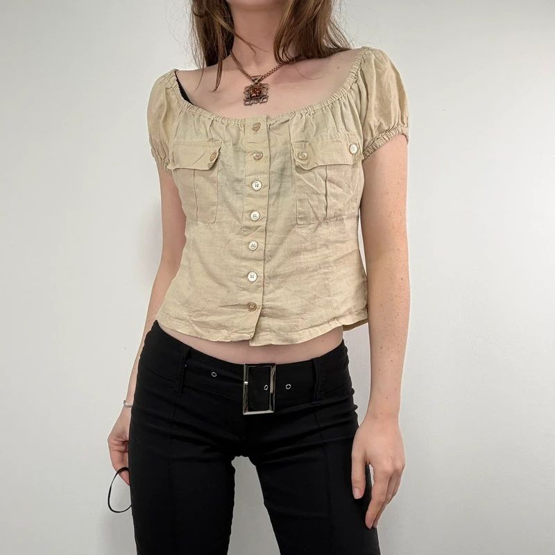 tan linen pleated button through slouchy blouse
