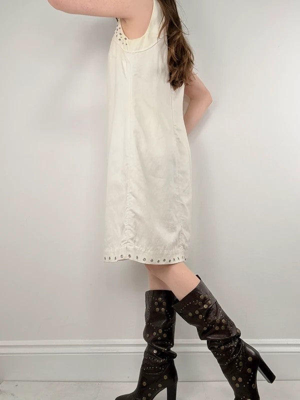 cream cotton linen a-line studded midi dress