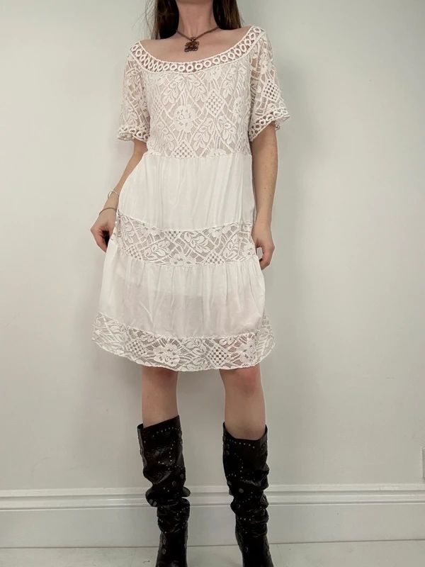 white lace layered wide neck boho dress