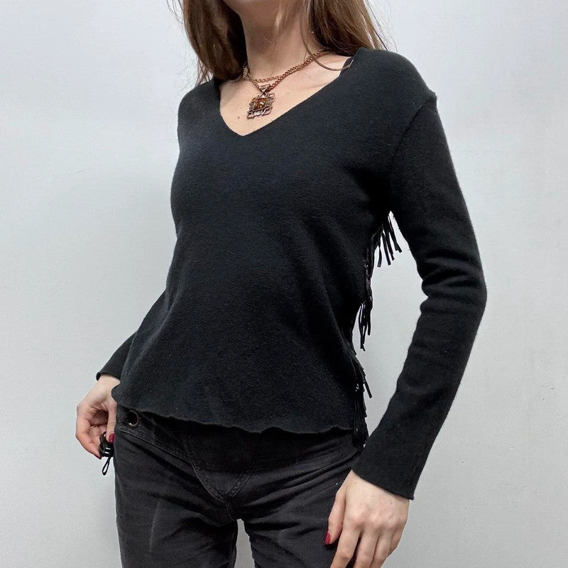 black wool knit fitted tassel jumper