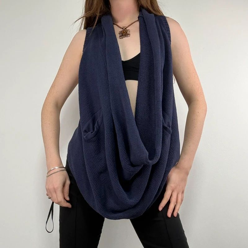 Navy knitted slouchy draped neck vest sweater