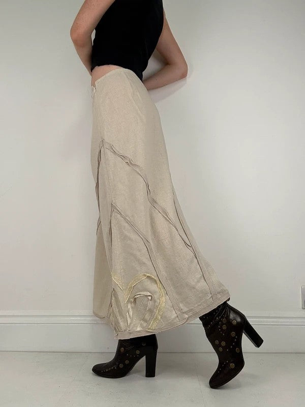 Beige linen flared flower ribbon skirt