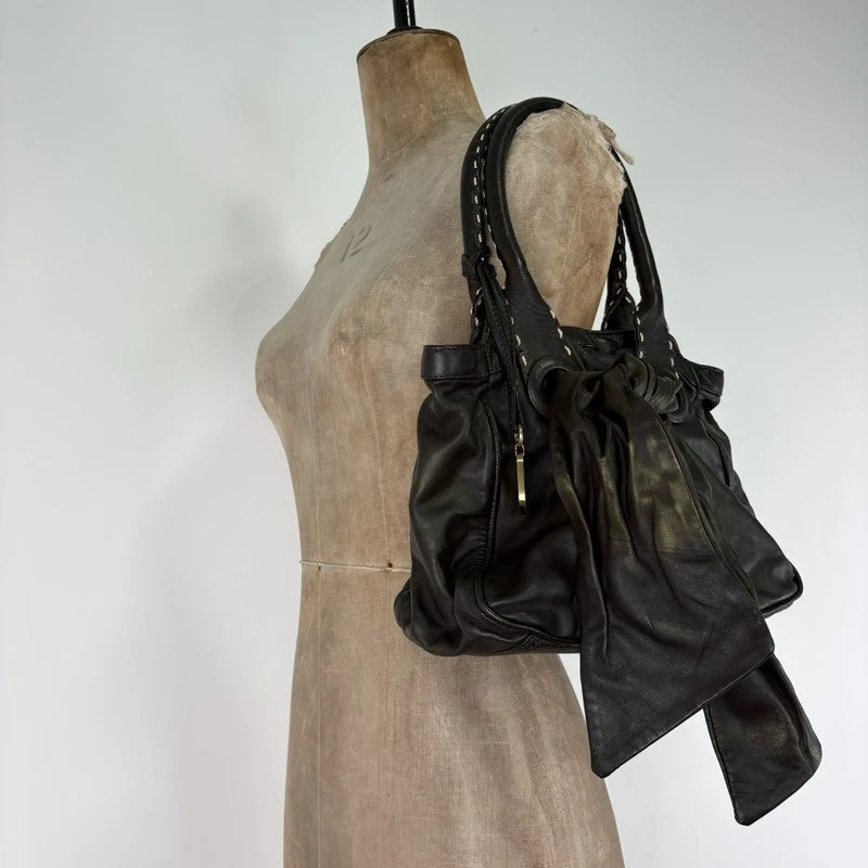 brown leather shimmer bow slouchy Y2K hobo handbag
