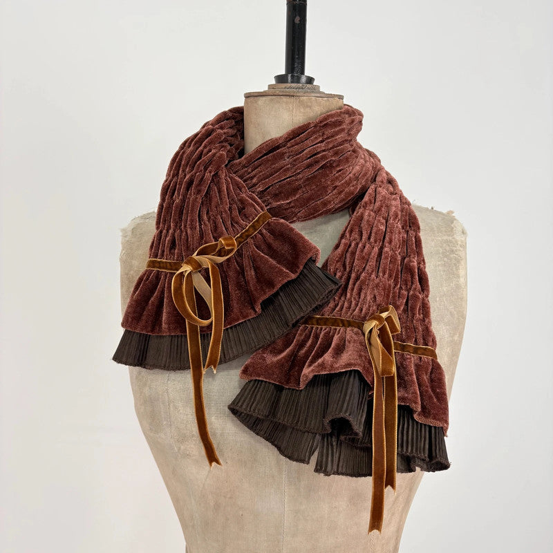 brown velvet gathered pleated scarf