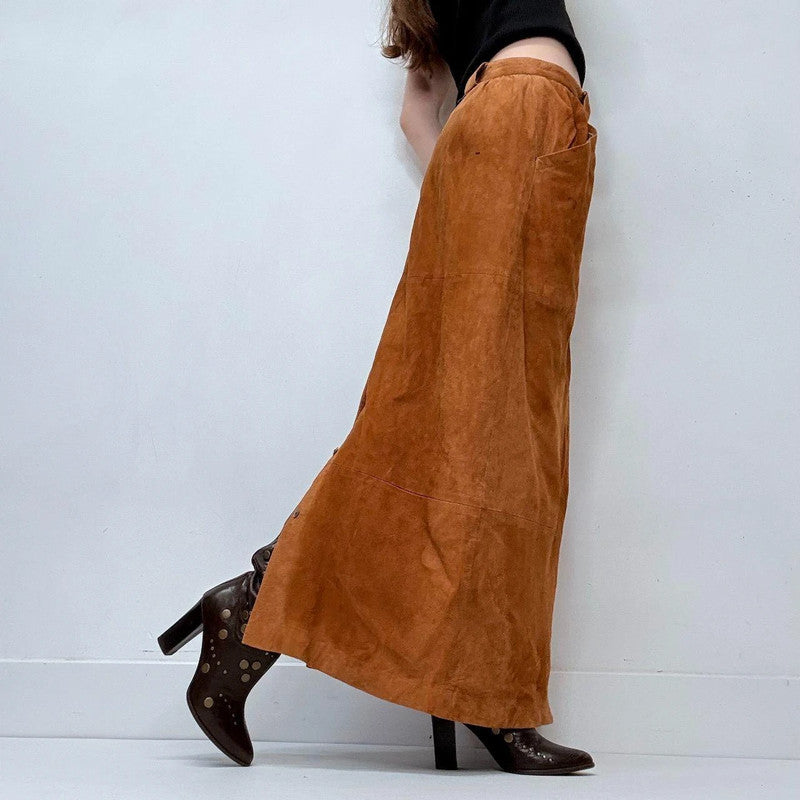 tan suede a-line maxi skirt