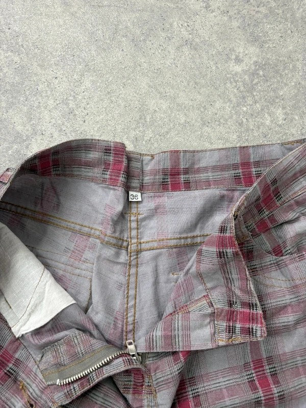 tartan checked red cargo denim capri pants