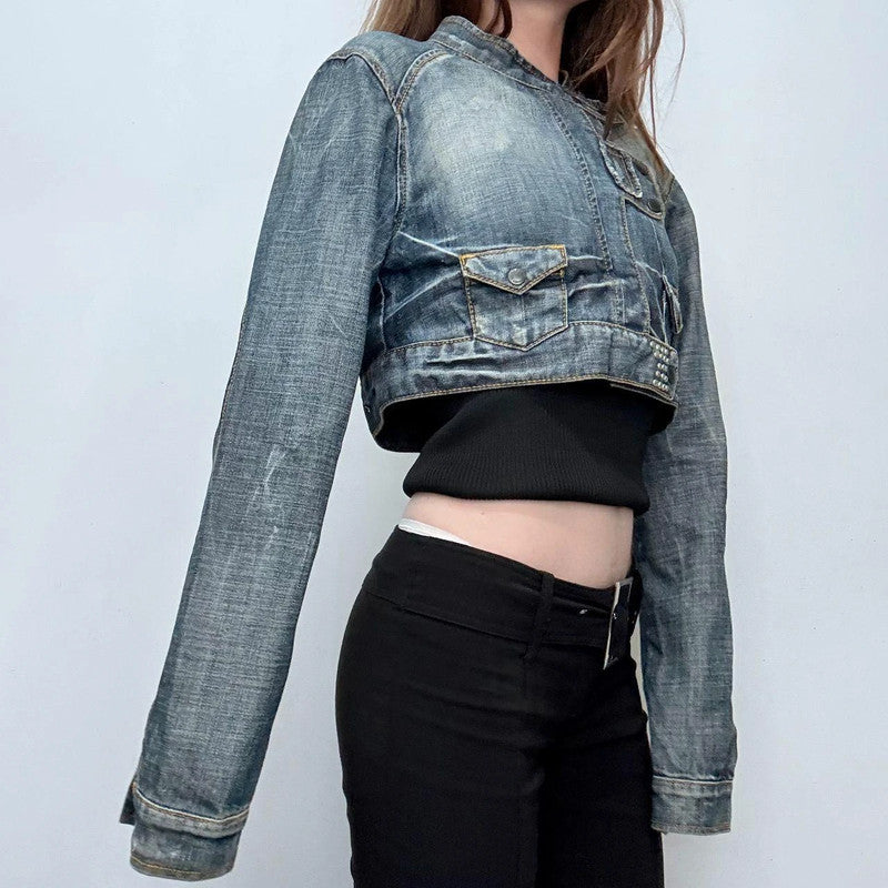distressed denim cropped utility jacket