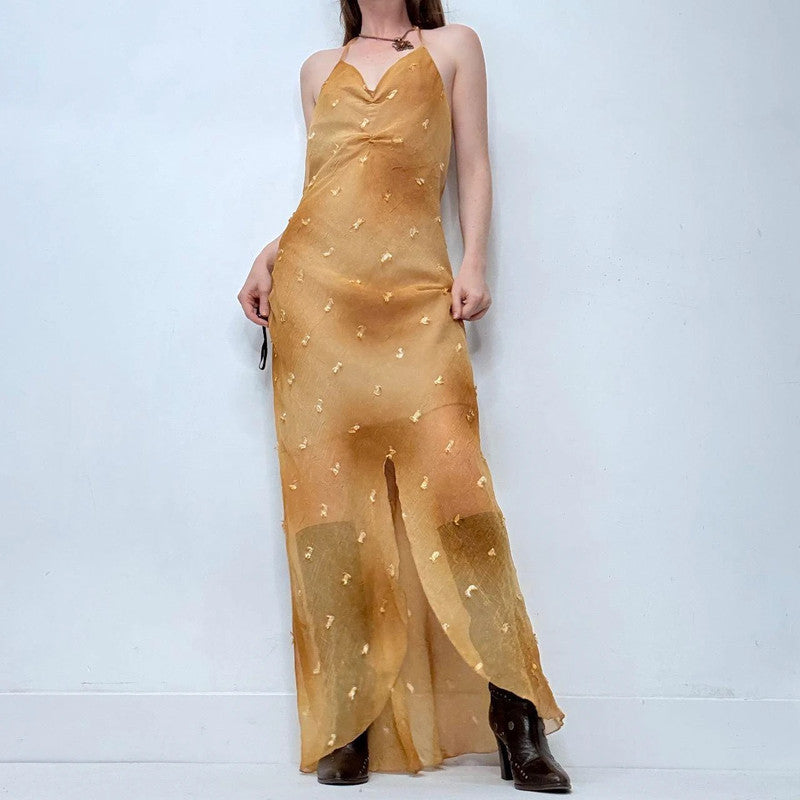 sheer gold bias cut maxi dress