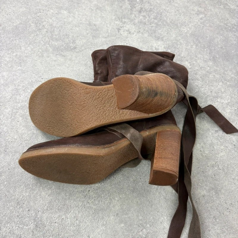 Chunky brown leather wrap around boots