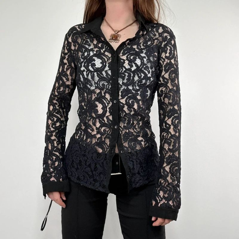 sheer navy lace fitted shirt