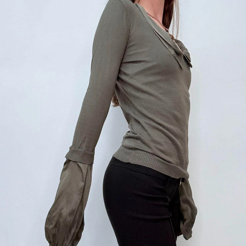 khaki flared puff silk sleeve shirt
