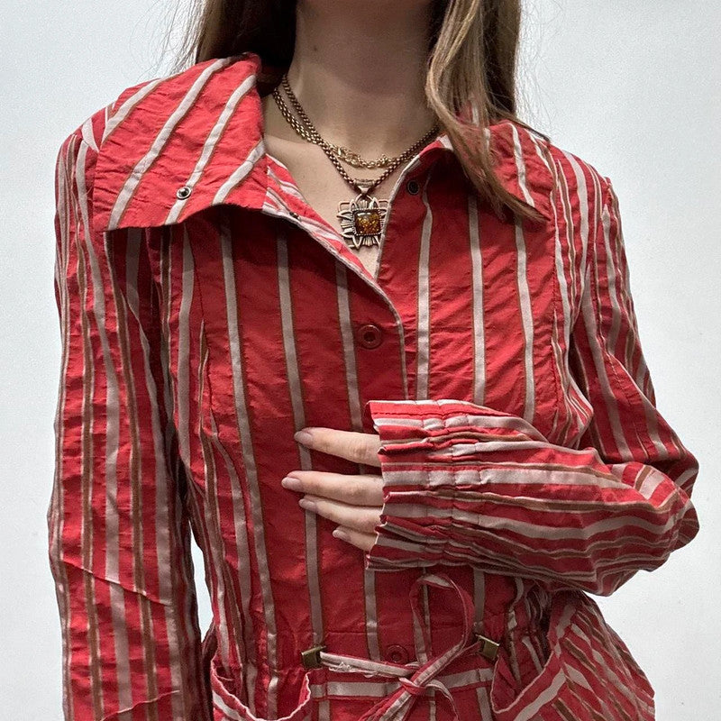 Red pinstripe fitted shirt jacket