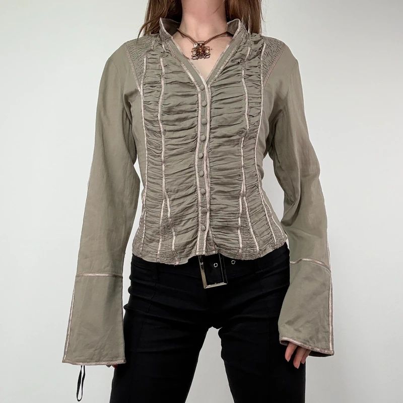 Khaki Gathered Lace Corset Shirt