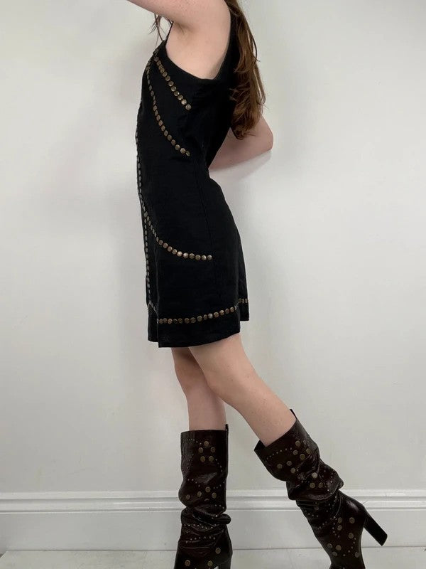 black linen metal gold studded mini Y2K party dress