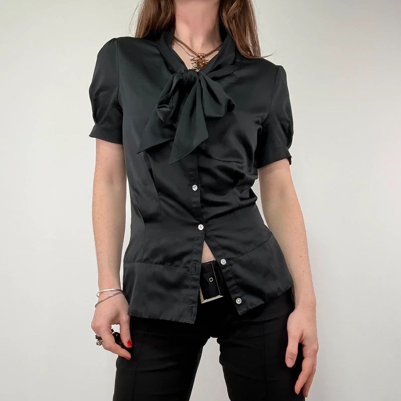 Black Satin Fitted Bow Shirt