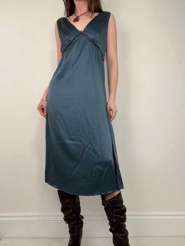 blue silk gathered floaty bias cut midi dress