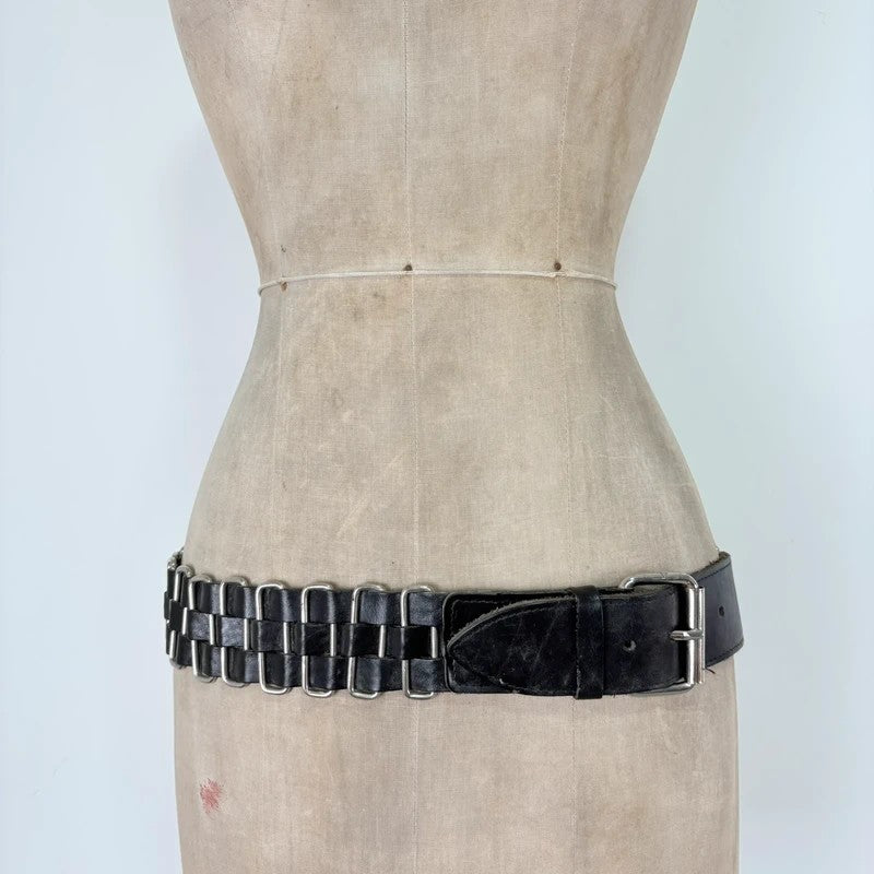 Black leather chunky metal belt