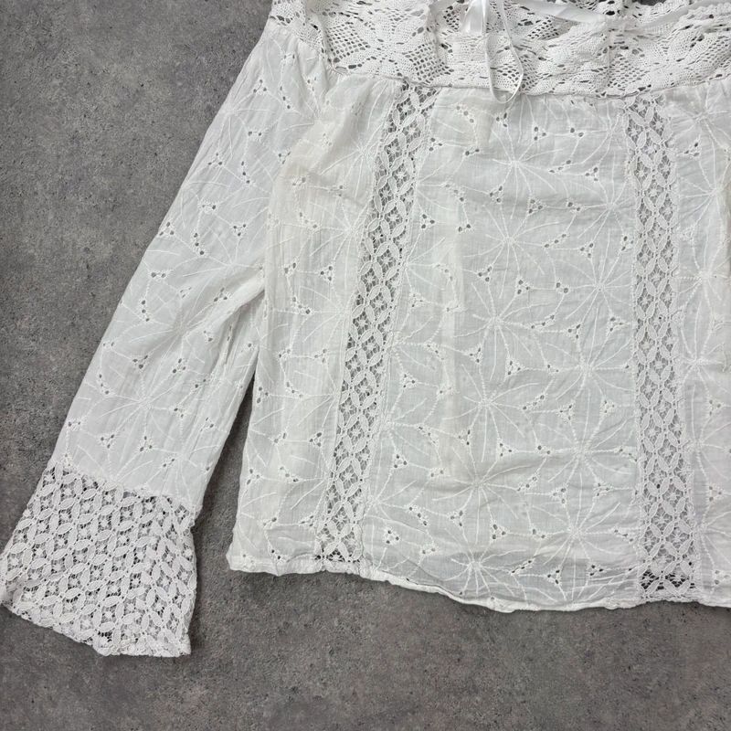 white lace embroidered off the shoulder lace blouse