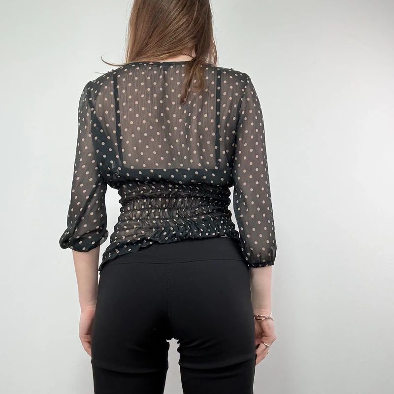 sheer black polkadot cinched shirt