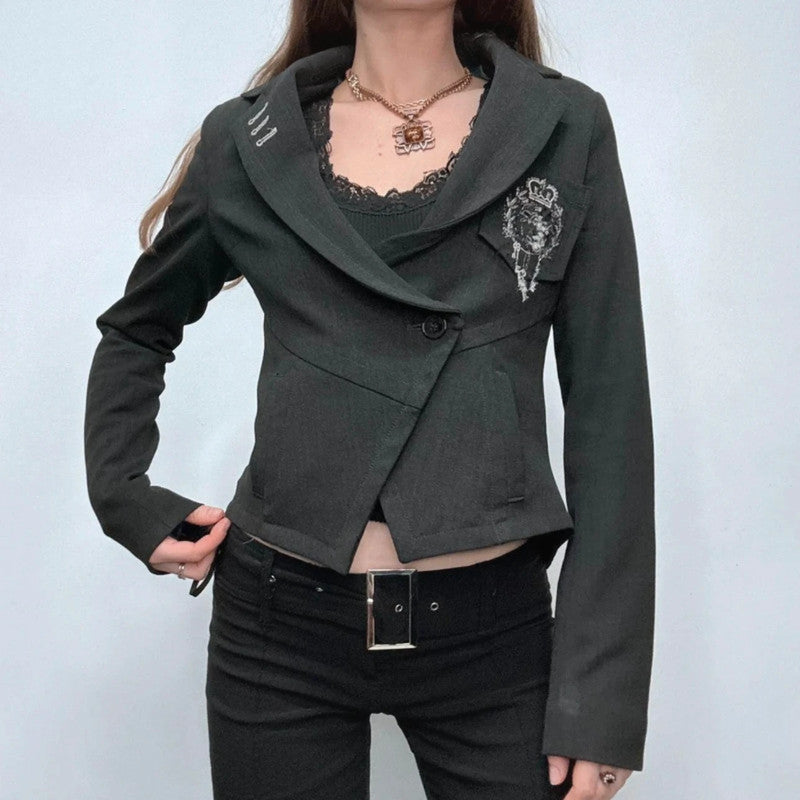 flared asymmetric grey button suit cropped jacket