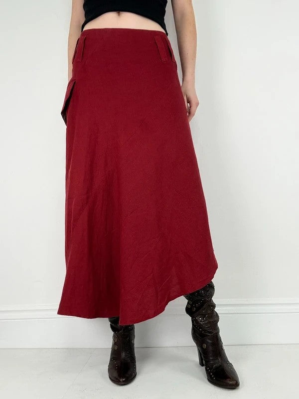 red linen bias cut asymmetric maxi skirt