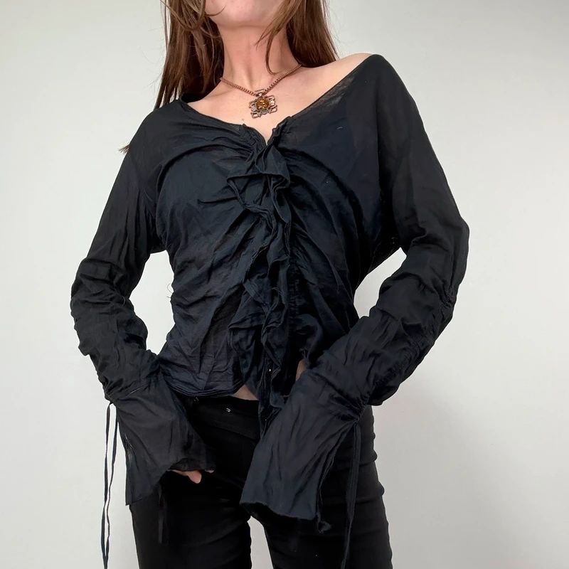 black ruffle hook and eye grunge flutter shirt