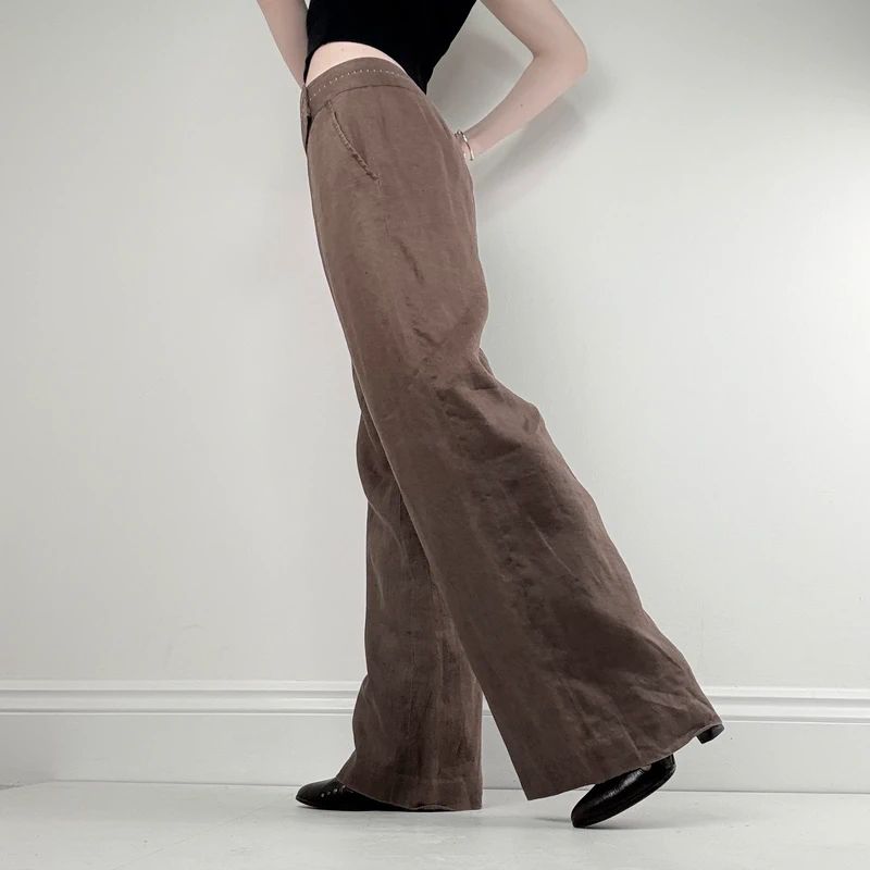 wide leg brown linen trousers