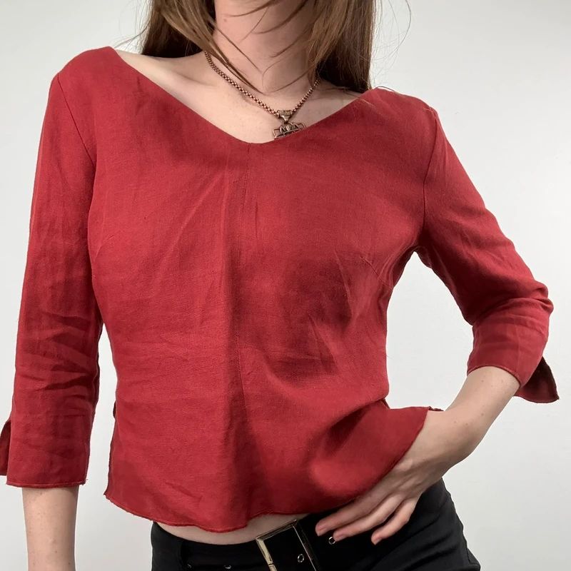 red linen flared fitted slit blouse top
