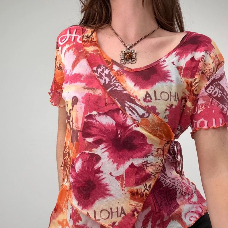 pink hawaiian floral graphic printed mesh top