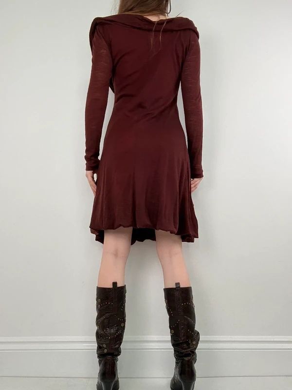 layered cinched long sleeve burgundy flared dress